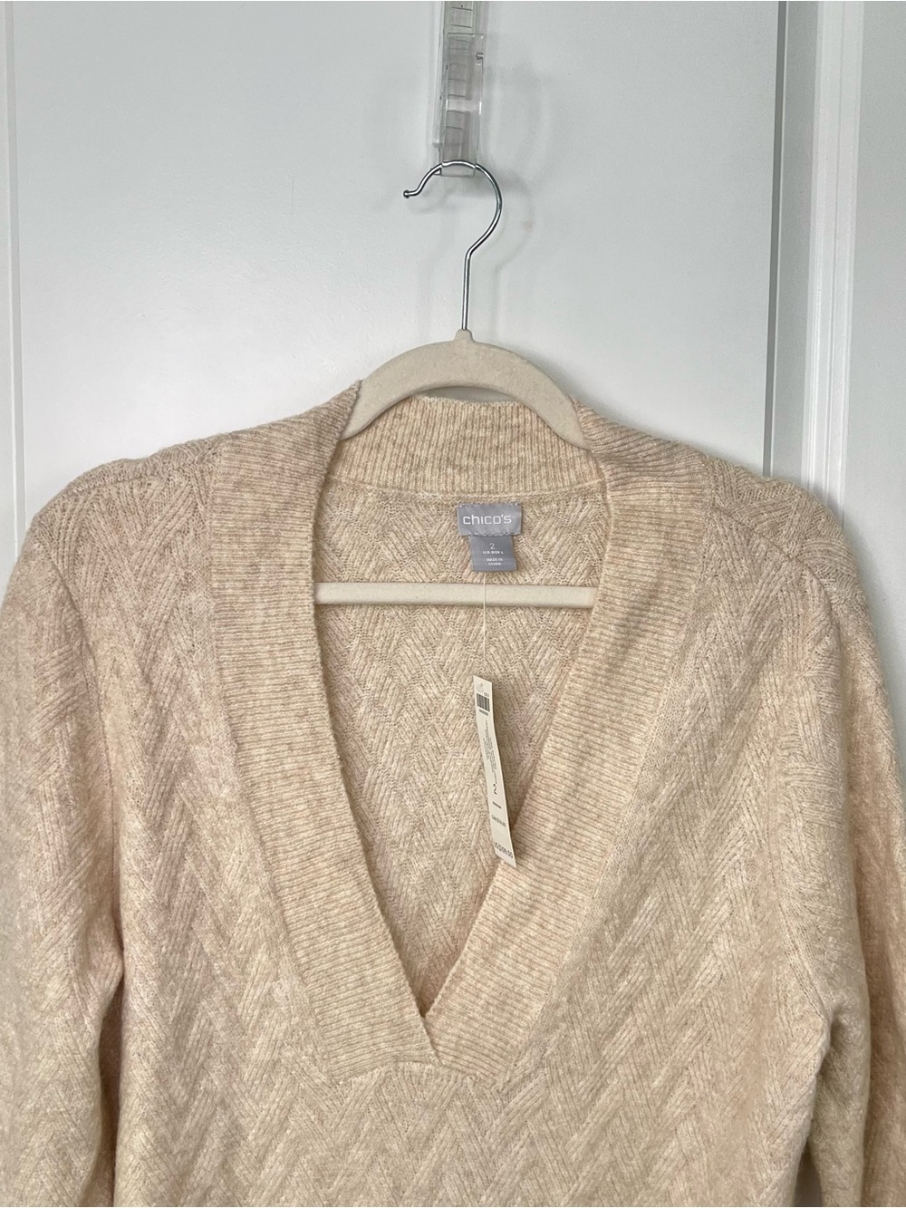 Chicos V Neck Chevron Women’s Knit Sweater Tunic Cream Sz 2~ L Career Casual - Picture 3 of 8